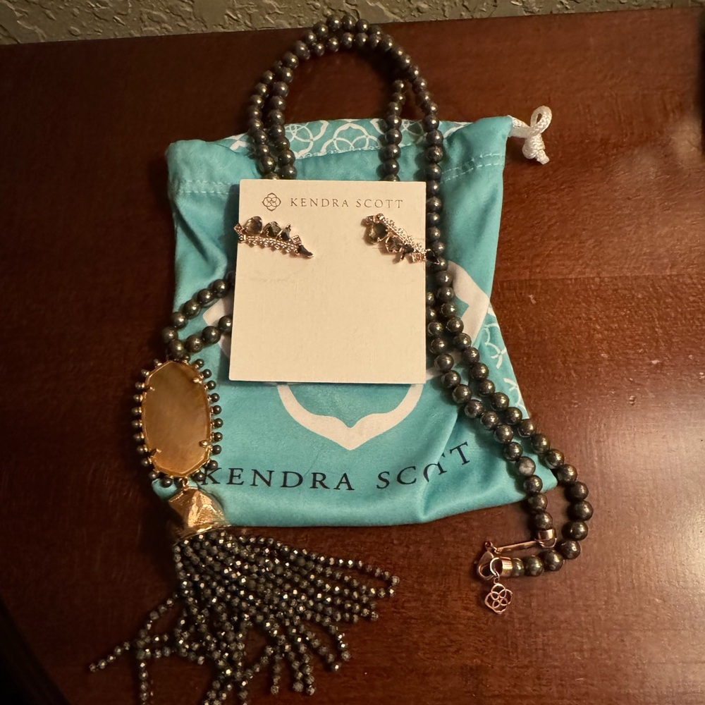 Kendra Scott Gray Beaded Tassel necklace and earrings